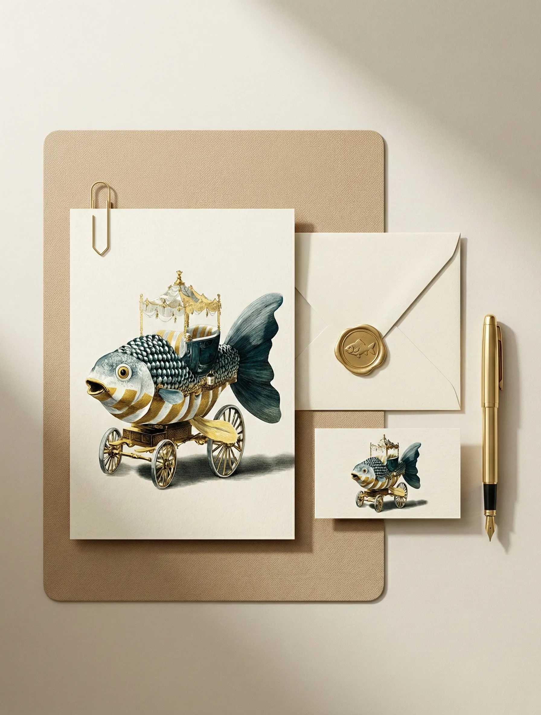 Papelaria com peixe mecânico ilustrado