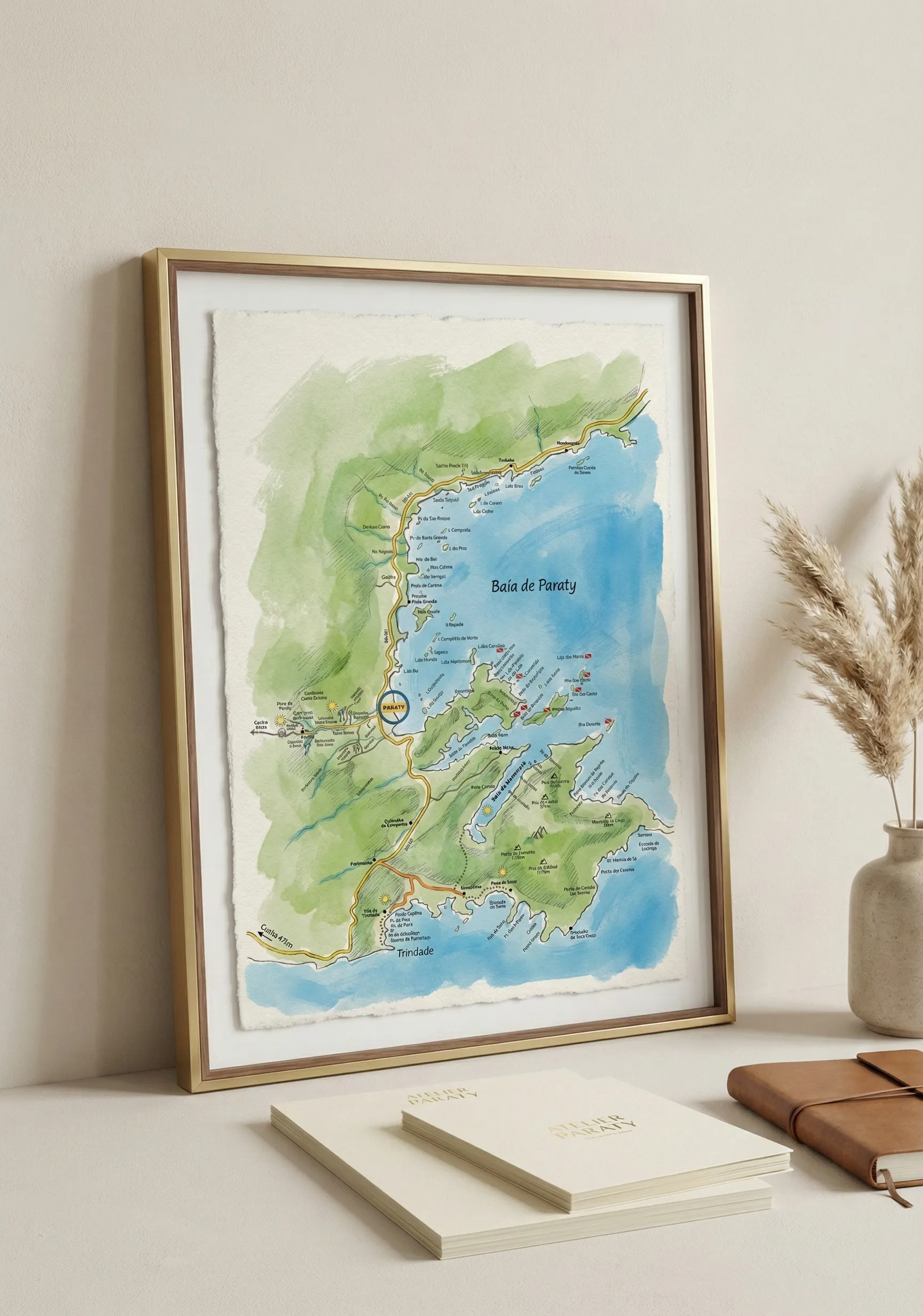 Mapa aquarelado da Baía de Paraty no atelier